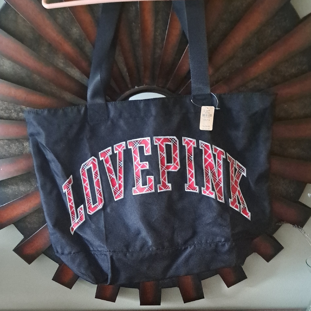 NWT PINK Victoria's Secret Black Tote Plaid Lettering Bag